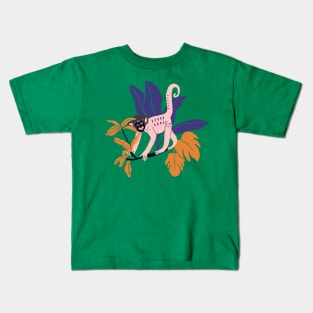 Crazy wild tropical monkey with monstera leaves Kids T-Shirt